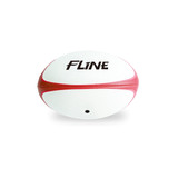 A rugby ball in white with red accents, featuring a logo on the surface.