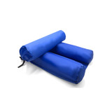 A blue inflatable floating chair features two cylindrical sections and a strap for securing. It has a logo.