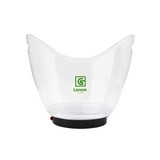 A transparent LED ice bucket with a black base and branding. It has a curved design and holds up to 8 litres.