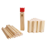 A wooden Kubb set featuring light-coloured pieces, including eight cylindrical pins and a king piece with a red crown.
