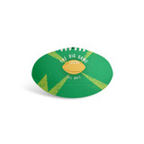 A green promotional AFL ball featuring a design with a logo and graphic elements.