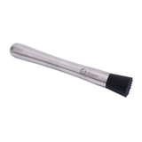 A stainless steel cocktail muddler with a black rubber end, featuring a logo. Ideal for home bar use.