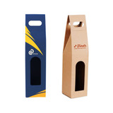 A wine box packaging design, featuring two bottles; one in blue with a logo and the other in the natural brown of cardboard.