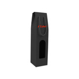 A single black wine bottle box with a rope handle and a front window. It features branding.