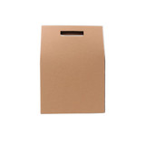 A portable wine box made of brown cardboard with a handle, designed to hold three bottles.