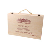 A vintage wooden wine box containing space for six bottles, featuring a natural wood finish and a carry handle.