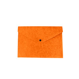 An orange felt file folder with a button clasp closure. It has a smooth texture and a clean design.