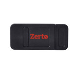 A black sliding webcam cover with a logo on it, designed to secure webcam privacy.