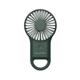 A green carabiner mini fan with an LED light, featuring a branding logo on the front.