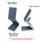 A foldable wireless charger stand in grey, featuring multiple charging positions for phones and smartwatches, with a logo.