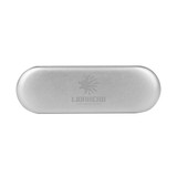 A silver tin with a black foam insert, featuring a logo on the surface.