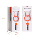 A cleaning kit with a white body and orange accents, featuring a built-in cleaning tool and dimensions displayed.