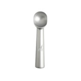 A silver ice cream scoop with a smooth, rounded head and a tapered handle. It features a logo on the handle.