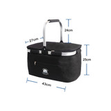 A black picnic cooler basket with a silver handle, featuring a zippered pocket and a branding logo.