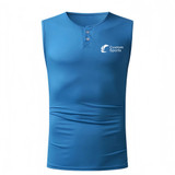 A blue 100% polyester micro mesh sublimated small V-neck buttoned singlet with a logo.