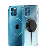 A blue phone case featuring a wireless charging attachment. The phone has a logo and a circular charging indicator. A blue phone case featuring a wireless charging attachment. The phone has a logo and a circular charging indicator.
