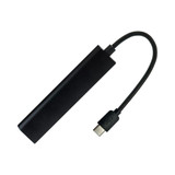 A black USB hub with a USB-A connector and a Type-C cable, featuring a sleek, elongated design. A black USB hub with a USB-A connector and a Type-C cable, featuring a sleek, elongated design.