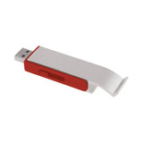 A drink bottle opener and flash drive in silver and red with a sliding mechanism and a logo.