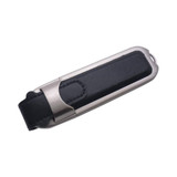 A metal and black leather flash drive with a sleek design, featuring a secure clip and branding.