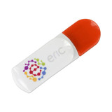 A white flash drive with an orange cap and a colourful logo design on one side.