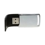 A sleek silver and black leather flash drive with a metallic finish and logo.