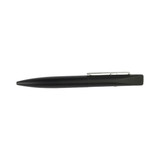 A black metal pen with a sleek design and a silver clip, featuring a logo on the side.