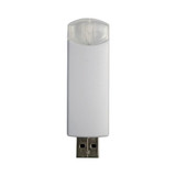 A white flash drive with a transparent cap and a metallic USB connector. It features a logo on the surface.