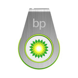 A silver and green flash drive with a circular design and a logo featuring a yellow and green pattern.