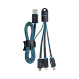 A black and blue multi-charge flat charging cable with multiple connectors and a logo on one end.