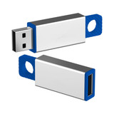 A blue and silver USB flash drive with a looped end and a branding logo.