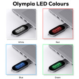 A collection of four Olympia LED Flash Drives in white, red, blue, and green, each plugged into a laptop.