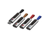A set of four Churchill flash drives in silver with black, brown, and blue accents, featuring various logos.