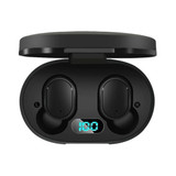 A pair of black wireless earbuds stored in a charging case with a digital display.