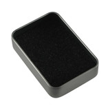A rectangular silver tin with a black interior, suitable for packaging pens. It includes a window on the lid.