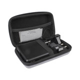 A black power bank and charger in a grey zippered case, featuring a mesh pocket for additional accessories.