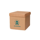 A brown cardboard cube with a lid and a logo on the front, designed for holding sticky notes.