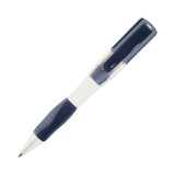 A pen with a blue and clear design, featuring a comfortable grip and a clip for attachment.