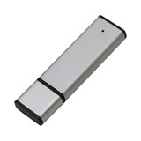 A silver flash drive with black accents and a sleek, minimalist design. It features a logo on its surface.