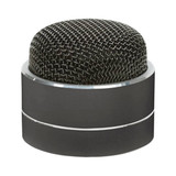 A round, sleek black Bluetooth speaker with a mesh top and metallic base, featuring a branding logo.