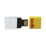 A moulded 3D crystal flash drive with a yellow cap and a transparent base, featuring a logo.