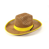 A Western straw hat in natural brown with a yellow band around the brim and a mesh design.