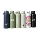 A drink bottle collection featuring navy, olive green, white, and black bottles with various designs and logos.