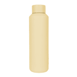 A drink bottle in a light beige colour with a cylindrical shape and a flat cap, featuring a simple logo.