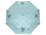 A full-colour umbrella featuring a light blue design with various patterns and a logo. It has eight panels.