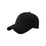 A black cotton baseball cap with a hard top and a curved brim, featuring a logo.