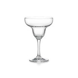 A clear glass margarita glass with a wide bowl and elegant stem. It features a simple, classic design.