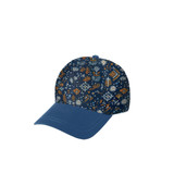 A 5-panel custom peak cap featuring a floral pattern in navy, orange, and cream with a solid blue peak.