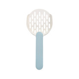 A cat litter scoop with a white head and a light blue handle, featuring a slotted design for easy scooping.