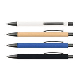 Four Aspen Paper Pens in white, kraft, blue, and black with metal accents and clips. Each pen has a logo.