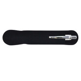 A sleek silver pen resting on a black velvet surface, featuring a polished design and an embossed logo.